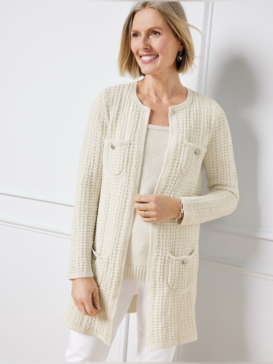 Talbots Sweaters - NWT Talbots Women’s Textured Knit Metallic Coatigan Cream - Size Medium Petite
